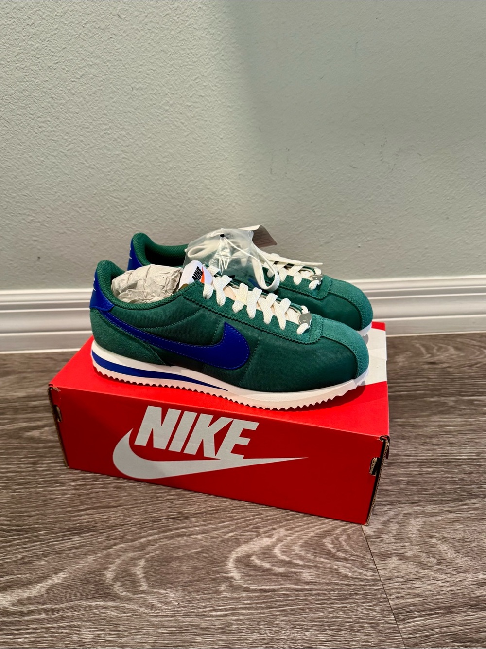 Nike Cortez TXT sneakers in the Evergreen Aura and Hyper Royal colorway